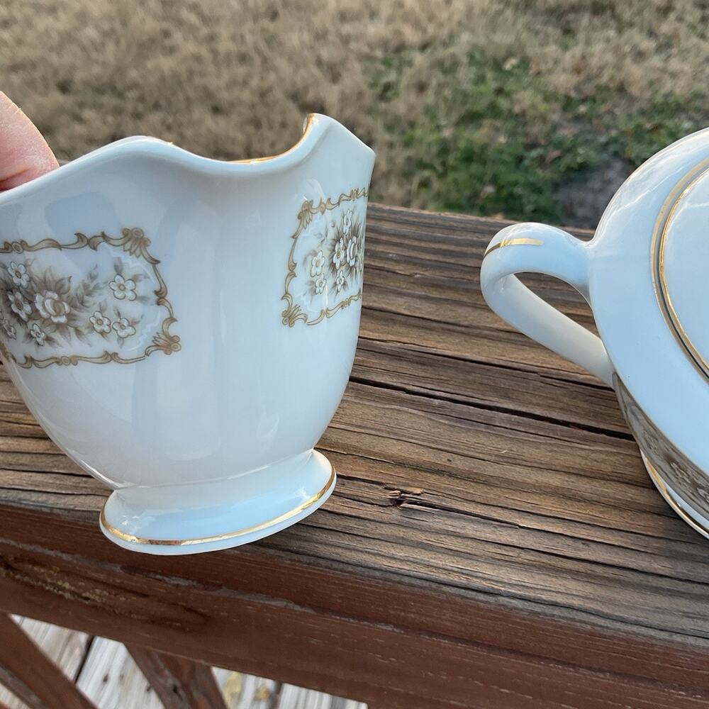 Happy Home China Elegance Creamer Sugar Bowl White Flowers W/ Scrolls - Picture 6 of 9